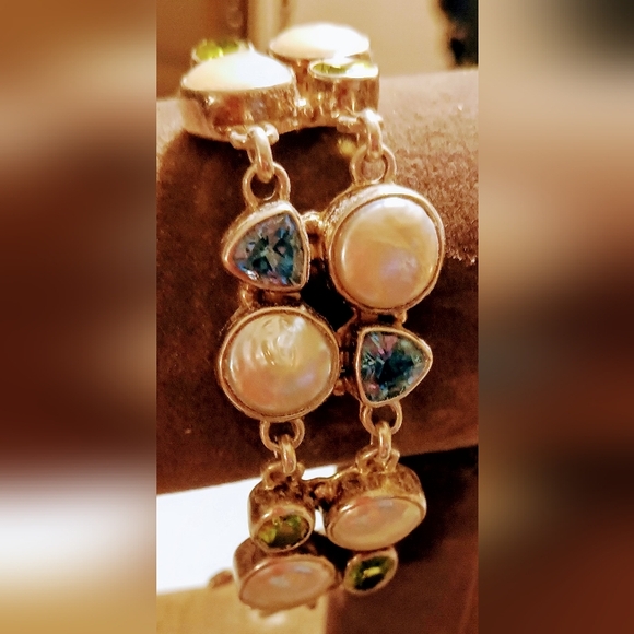 Vintage Sterling silver Three Stone Toggle design pattern Gemstone Bracelet. - Picture 12 of 15